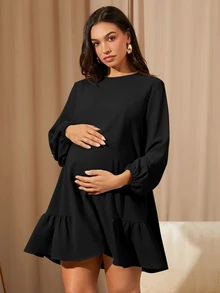 MaterniWear 女士休闲宽松长袖卡其色连衣裙，秋冬季短裙，办公室/工作/返校/教师装，孕妇装 - 黑色 - 查看 2