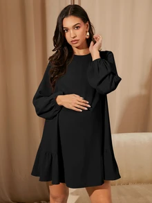MaterniWear 女士休闲宽松长袖卡其色连衣裙，秋冬季短裙，办公室/工作/返校/教师装，孕妇装 - 黑色 - 查看 3