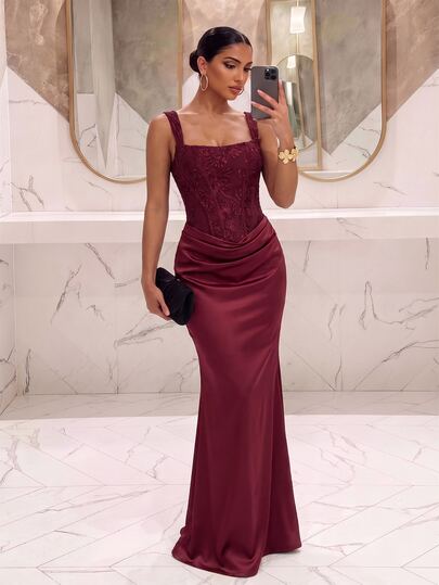 Silquee This Elegant Red Mermaid Skirt-Featuring Floral Embroidery, Color-Blocking, And A Draped Satin Hem-Is Perfect For Wedding Guests, Social Events,