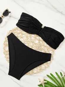 Swim Basics Women's Summer Beach Solid Color Pleated Strapless Sexy Bikini Set - Black - View 3