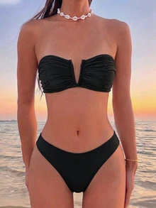 Swim Basics Women's Summer Beach Solid Color Pleated Strapless Sexy Bikini Set - Black - View 5