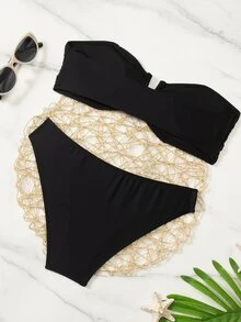 Swim Basics Women's Summer Beach Solid Color Pleated Strapless Sexy Bikini Set - Black - View 2