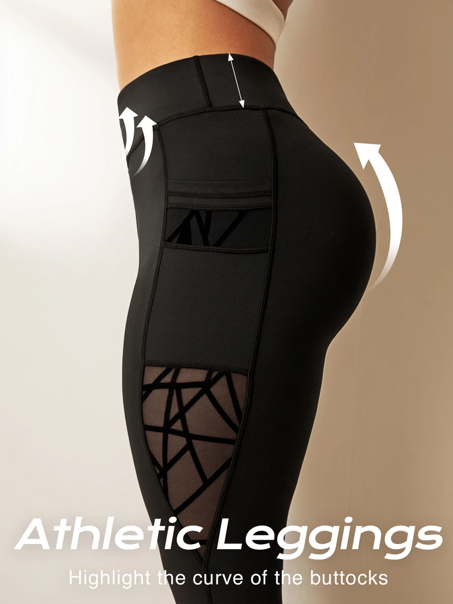 SHEIN Rhythm Era Plus Size Asymmetrical Functional Leggings, Tight Lifting Pockets Mesh Flocked Pants Gym Sports Black Summer - Black - View 1