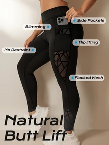 SHEIN Rhythm Era Plus Size Asymmetrical Functional Leggings, Tight Lifting Pockets Mesh Flocked Pants Gym Sports Black Summer - Black - View 4