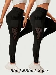 SHEIN Rhythm Era Plus Size Asymmetrical Functional Leggings, Tight Lifting Pockets Mesh Flocked Pants Gym Sports Black Summer - Black - View 5