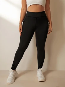 SHEIN Rhythm Era Plus Size Asymmetrical Functional Leggings, Tight Lifting Pockets Mesh Flocked Pants Gym Sports Black Summer - Black - View 9