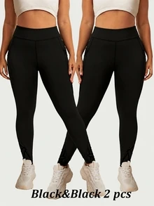 SHEIN Rhythm Era Plus Size Asymmetrical Functional Leggings, Tight Lifting Pockets Mesh Flocked Pants Gym Sports Black Summer - Black - View 6