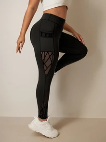 SHEIN Rhythm Era Plus Size Asymmetrical Functional Leggings, Tight Lifting Pockets Mesh Flocked Pants Gym Sports Black Summer - Black - View 8