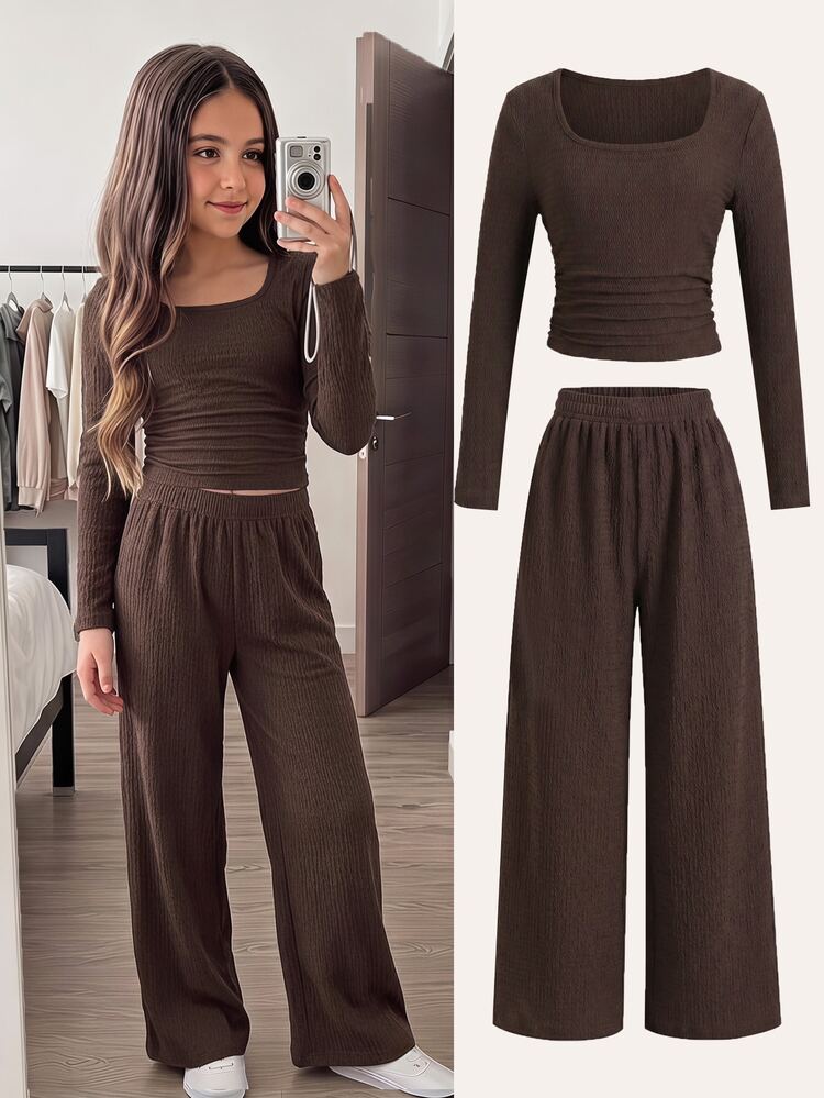 SHEIN Tween Girls Autumn/Winter Casual Minimalist Brown Knit Textured Square Neck Fitted Ruched Long Sleeve T-Shirt And Loose Straight Leg Pants Set, Suitable For Autumn Outings, Back To School, Daily Wear - Brown - View 1