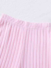 SHEIN 2件組女童甜美風領口荷葉邊2合1上衣＋針織長褲套裝，鈕扣設計，粉色聚酯纖維，秋季學生校園白色學院風可愛套裝 - 粉色 - 查看 6