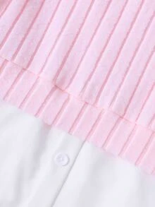 SHEIN 2件組女童甜美風領口荷葉邊2合1上衣＋針織長褲套裝，鈕扣設計，粉色聚酯纖維，秋季學生校園白色學院風可愛套裝 - 粉色 - 查看 7