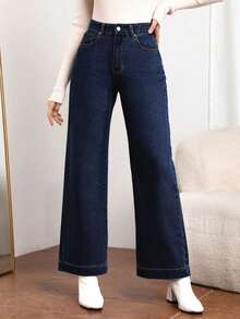 EMERY ROSE Women's Pocket Design Loose Fit Wide Leg Casual Versatile Jeans - Dark Wash - View 3