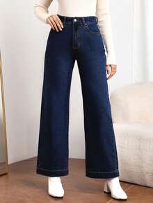EMERY ROSE Women's Pocket Design Loose Fit Wide Leg Casual Versatile Jeans - Dark Wash - View 5