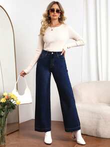 EMERY ROSE Women's Pocket Design Loose Fit Wide Leg Casual Versatile Jeans - Dark Wash - View 4