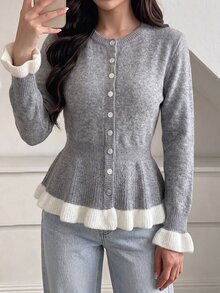 SHEIN Elenzya Cardigan Rajut Gaya Prancis Segar Musim Gugur/Dingin, Kerah Bulat Kancing Tunggal, Pinggang Bergaris, Manset Berkerut, Potongan Ramping, Atasan Kasual untuk Perjalanan, Kampus, Kencan, Gaya Manis dan Feminin Serbaguna untuk Wanita, Sweater Depan Terbuka - Grey - View 3