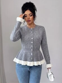 SHEIN Elenzya Cardigan Rajut Gaya Prancis Segar Musim Gugur/Dingin, Kerah Bulat Kancing Tunggal, Pinggang Bergaris, Manset Berkerut, Potongan Ramping, Atasan Kasual untuk Perjalanan, Kampus, Kencan, Gaya Manis dan Feminin Serbaguna untuk Wanita, Sweater Depan Terbuka - Grey - View 7