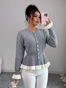 SHEIN Elenzya Cardigan Rajut Gaya Prancis Segar Musim Gugur/Dingin, Kerah Bulat Kancing Tunggal, Pinggang Bergaris, Manset Berkerut, Potongan Ramping, Atasan Kasual untuk Perjalanan, Kampus, Kencan, Gaya Manis dan Feminin Serbaguna untuk Wanita, Sweater Depan Terbuka - Grey - View 1