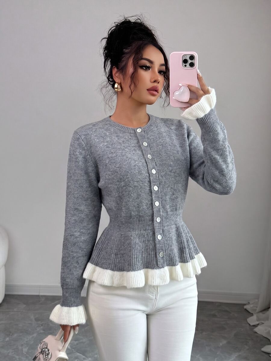 SHEIN Elenzya Cardigan Rajut Gaya Prancis Segar Musim Gugur/Dingin, Kerah Bulat Kancing Tunggal, Pinggang Bergaris, Manset Berkerut, Potongan Ramping, Atasan Kasual untuk Perjalanan, Kampus, Kencan, Gaya Manis dan Feminin Serbaguna untuk Wanita, Sweater Depan Terbuka - Grey - View 1