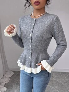SHEIN Elenzya Cardigan Rajut Gaya Prancis Segar Musim Gugur/Dingin, Kerah Bulat Kancing Tunggal, Pinggang Bergaris, Manset Berkerut, Potongan Ramping, Atasan Kasual untuk Perjalanan, Kampus, Kencan, Gaya Manis dan Feminin Serbaguna untuk Wanita, Sweater Depan Terbuka - Grey - View 5