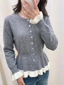 SHEIN Elenzya Cardigan Rajut Gaya Prancis Segar Musim Gugur/Dingin, Kerah Bulat Kancing Tunggal, Pinggang Bergaris, Manset Berkerut, Potongan Ramping, Atasan Kasual untuk Perjalanan, Kampus, Kencan, Gaya Manis dan Feminin Serbaguna untuk Wanita, Sweater Depan Terbuka - Grey - View 6