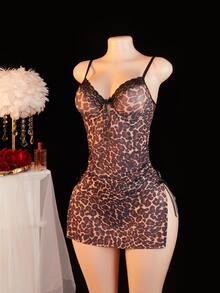 SHEIN 2pcs Sexy Leopard Print Mesh Lace Ruffle Slit Slip Dress Set - Multicolor - View 5