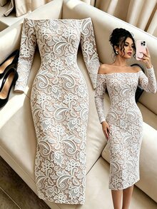 SHEIN Franclia Gaun Midi Bodycon Slim Fit Lengan Panjang Motif Renda Timbul Warna Nude Pink untuk Wanita, Musim Semi/Gugur, Elastis dan Pas di Badan Tanpa Terasa Ketat - MultiWarna - View 2