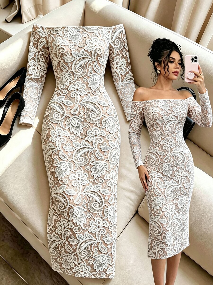 SHEIN Franclia Gaun Midi Bodycon Slim Fit Lengan Panjang Motif Renda Timbul Warna Nude Pink untuk Wanita, Musim Semi/Gugur, Elastis dan Pas di Badan Tanpa Terasa Ketat