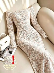 SHEIN Franclia Gaun Midi Bodycon Slim Fit Lengan Panjang Motif Renda Timbul Warna Nude Pink untuk Wanita, Musim Semi/Gugur, Elastis dan Pas di Badan Tanpa Terasa Ketat - MultiWarna - View 6