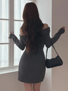 DAZY Solid Color Fitted Bodycon Short Off-Shoulder Long Sleeve Elegant Vacation Spring Autumn Women Sweater Dress - Grey - View 6