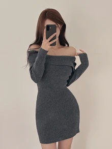DAZY Solid Color Fitted Bodycon Short Off-Shoulder Long Sleeve Elegant Vacation Spring Autumn Women Sweater Dress - Grey - View 3