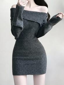 DAZY Solid Color Fitted Bodycon Short Off-Shoulder Long Sleeve Elegant Vacation Spring Autumn Women Sweater Dress - Grey - View 7