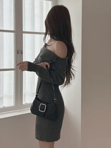 DAZY Solid Color Fitted Bodycon Short Off-Shoulder Long Sleeve Elegant Vacation Spring Autumn Women Sweater Dress - Grey - View 5
