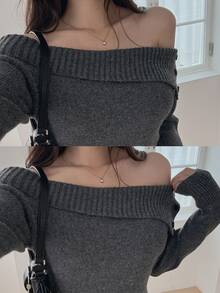 DAZY Solid Color Fitted Bodycon Short Off-Shoulder Long Sleeve Elegant Vacation Spring Autumn Women Sweater Dress - Grey - View 2