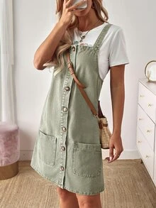 EMERY ROSE Women's Casual Front Button Denim Dress, Autumn Vacation Sage Green - Green - View 5