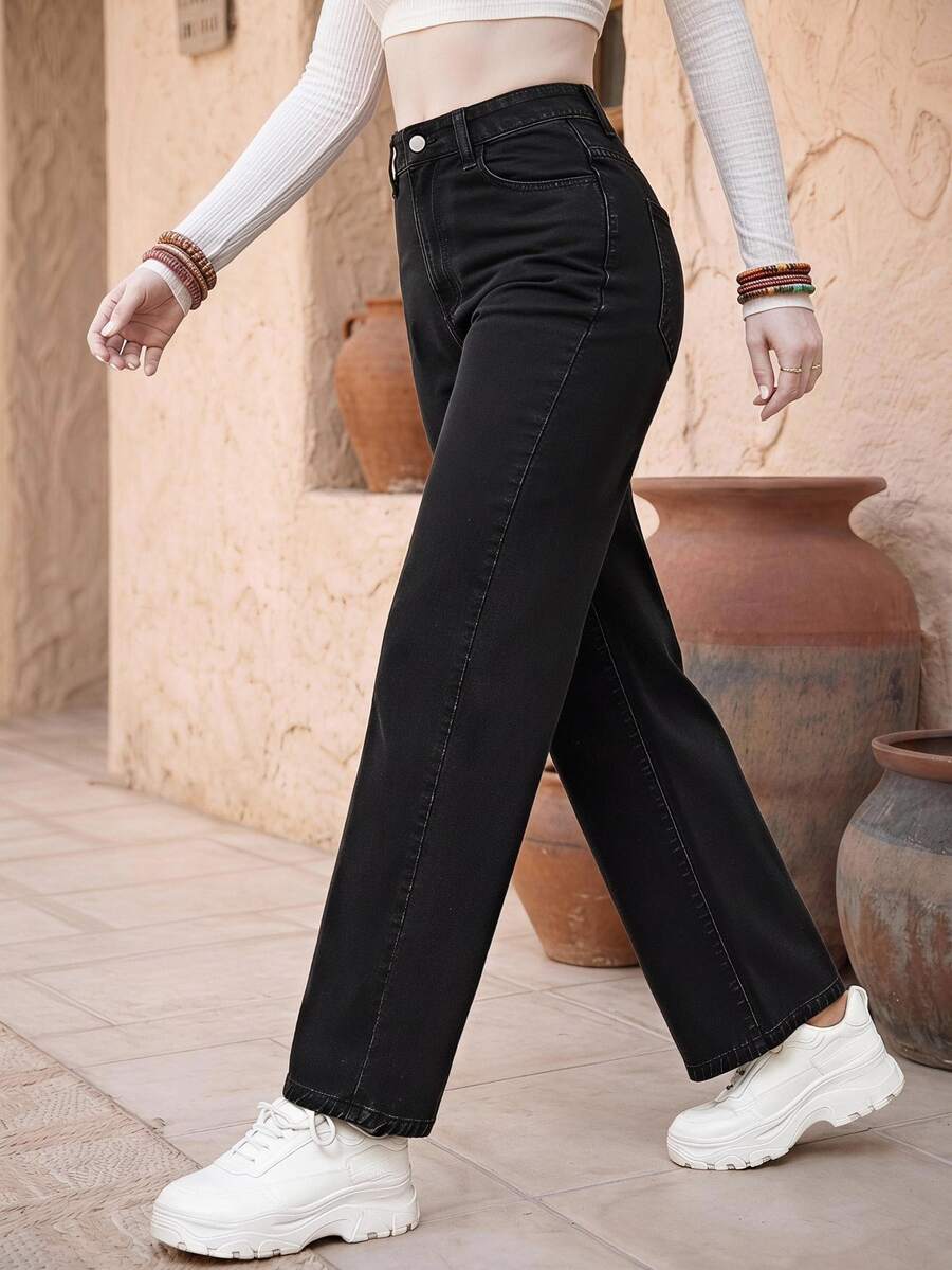 EMERY ROSE Women's Summer High Waist Slant Pocket Boyfriend Jeans - Black - View 1