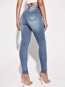 EMERY ROSE Stylish High Waist Light Wash Women's Skinny Jeans With Distressed Design And Comfortable Stretch - Light Wash - View 4