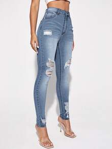 EMERY ROSE Stylish High Waist Light Wash Women's Skinny Jeans With Distressed Design And Comfortable Stretch - Light Wash - View 6
