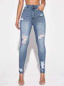 EMERY ROSE Stylish High Waist Light Wash Women's Skinny Jeans With Distressed Design And Comfortable Stretch - Light Wash - View 3