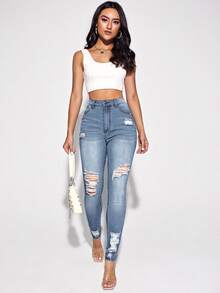 EMERY ROSE Stylish High Waist Light Wash Women's Skinny Jeans With Distressed Design And Comfortable Stretch - Light Wash - View 2