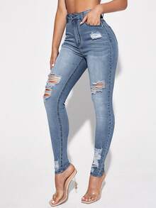 EMERY ROSE Stylish High Waist Light Wash Women's Skinny Jeans With Distressed Design And Comfortable Stretch - Light Wash - View 5