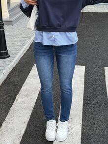 EMERY ROSE 女式休闲日常通勤修身紧身牛仔裤 - 深色水洗藍 - 查看 5