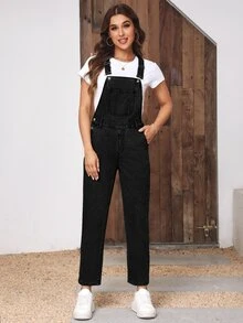 EMERY ROSE Simple & Fashionable Denim Jumpsuit, Solid Color, Suitable For Summer - Black - View 4