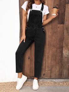 EMERY ROSE Simple & Fashionable Denim Jumpsuit, Solid Color, Suitable For Summer - Black - View 3
