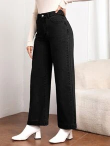 EMERY ROSE Jeans de pierna ancha con botones delanteros y bolsillos casuales para mujer, nuevas llegadas de verano para salidas nocturnas y vacaciones en negro - Negro - Ver 5
