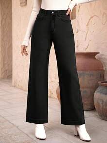 EMERY ROSE Jeans de pierna ancha con botones delanteros y bolsillos casuales para mujer, nuevas llegadas de verano para salidas nocturnas y vacaciones en negro - Negro - Ver 1