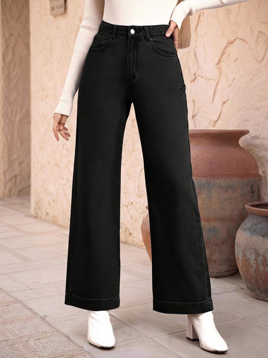 EMERY ROSE Jeans de pierna ancha con botones delanteros y bolsillos casuales para mujer, nuevas llegadas de verano para salidas nocturnas y vacaciones en negro - Negro - Ver 1