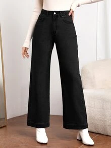 EMERY ROSE Jeans de pierna ancha con botones delanteros y bolsillos casuales para mujer, nuevas llegadas de verano para salidas nocturnas y vacaciones en negro - Negro - Ver 2