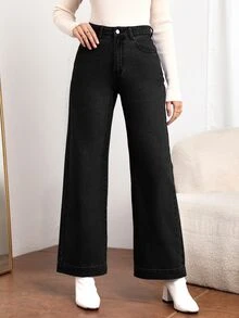 EMERY ROSE Jeans de pierna ancha con botones delanteros y bolsillos casuales para mujer, nuevas llegadas de verano para salidas nocturnas y vacaciones en negro - Negro - Ver 4
