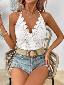 EMERY ROSE Women's Summer Vacation - Solid Color Embroidered Camisole Top - White - View 7
