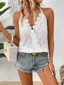 EMERY ROSE Women's Summer Vacation - Solid Color Embroidered Camisole Top - White - View 4